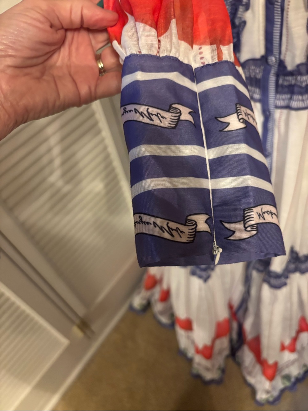 Bohemian Tiered Maxi Dress with Belt - White and Blue with Red Accents - Picture 4 of 9
